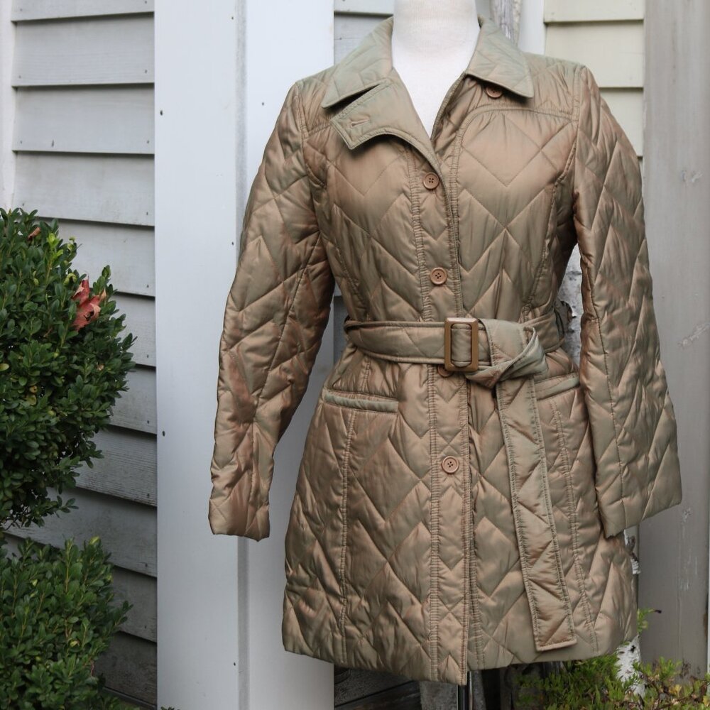 LOFT Petite Tan Iridescent Quilted Belted Insulated Trench Coat Jacket Sz MP - Picture 2 of 7